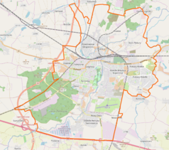 Mapa konturowa Legnicy, blisko centrum na prawo znajduje się punkt z opisem „Kościół św. Jacka w Legnicy”