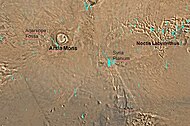 Map of Phoenicis Lacus quadrangle with major features labeled. This area contains two large volcanoes, Pavonis Mons and Arsia Mons, as well as the famous Noctis Labyrinthus canyon system.