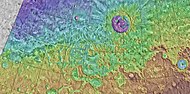 MOLA map of Lyot and other nearby craters. Colors indicate elevations.