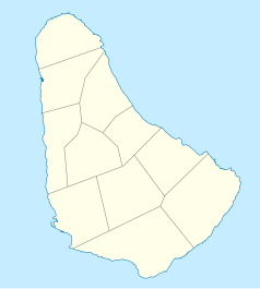 Mapa konturowa Barbadosu, na dole po lewej znajduje się punkt z opisem „Kensington Oval”