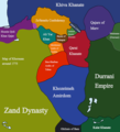 Zand dynasty (1751–1794 AD) and Afsharid Iran (1736–1796 AD) in 1775 AD.