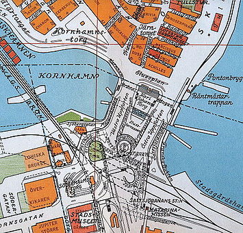 Slussenområdet på Stadsingenjörskontorets karta från 1940 och Slussenområdet på Open street map 2014