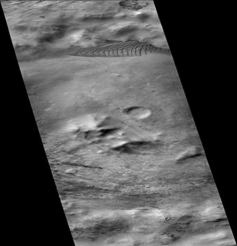 Von Karman Crater, as seen by CTX camera (on Mars Reconnaissance Orbiter). Dark parts near the top are dunes.