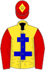 Yellow, blue cross of lorraine, red sleeves, red cap, yellow diamond