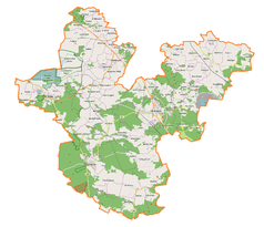 Mapa konturowa powiatu polkowickiego, po prawej nieco u góry znajduje się punkt z opisem „Grodziszcze”