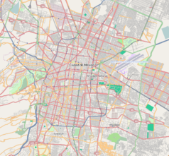 Mapa konturowa miasta Meksyk, po lewej nieco u góry znajduje się punkt z opisem „Museo Soumaya”