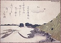 左『冨嶽三十六景』「相州七里浜」 中『柳の絲』「江島春望」 右題名不詳（江の島風景）