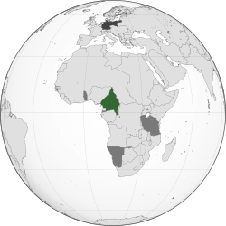 Location of Kamerun: Green: Territory comprising German colony of Kamerun Dark grey: Other German territories Darkest grey: German Empire