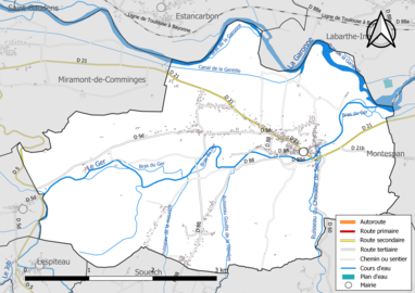 Carte en couleur présentant le réseau hydrographique de la commune