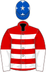 Red, white hoops, halved sleeves, royal blue cap, white stars