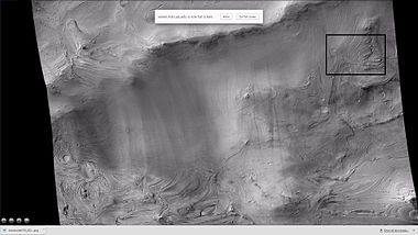 Wide view of Hellas basin floor, as seen by CTX. This is a slight enlargement of the previous image. The box shows the location of the next image that was taken with HiRISE.