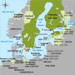 Mapa mostrando Suecia en el siglo XVII, incluyendo a Finlandia, los estados bálticos y Pomerania, Wismar y Bremen-Verden