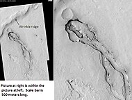 Wrinkle Ridge and pit showing layers, as seen by HiRISE. Click on image to see layers. Scale bar is 500 meters long.