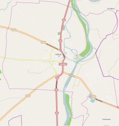 Mapa konturowa Pułtuska, w centrum znajduje się punkt z opisem „Filia Akademia im. Aleksandra Gieysztora w Pułtusku”