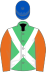 Emerald green, white cross belts, orange sleeves, royal blue cap