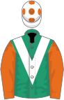 Emerald green, white chevron, orange sleeves, white cap, orange spots