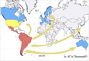 A world map. South America and Mexico are red, the United States is yellow, and Canada, Japan, Australia, the United Kingdom, Scandinavia, Romania, and most of Western Europe is blue.