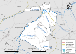 Carte en couleur présentant le réseau hydrographique de la commune