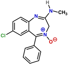 Diagram chemické struktury benzenového kruhu propojeného s diazepinovým kruhem. Atom chloru je navázán na benzenový kruh, dusík, vodík, methylová skupina a kyslík jsou navázány na diazepin.