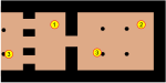 Schematic plan of a megaron complex. 1: anteroom, 2: hall (main room), 3: columns in portico and hall