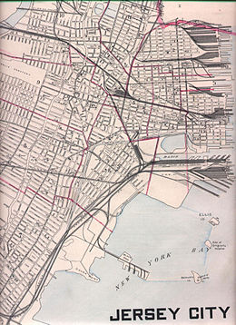 De geografie langs de oevers van New Jersey aan de Upper New York Bay vóór het opspuiten van land.