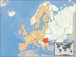 Location of Romania (orange) – in Europe (tan & white) – in the European Union (tan)  [Legend]