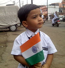 A child holding a small sized flag