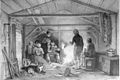 People inside a house in early 19th century costume. The women wear the faldbúningur with tail-caps, while the men are wearing pantaloons instead of breeches or trousers.