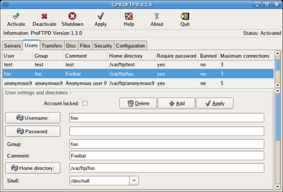 Screenshot of GAdmin-ProFTPD showing the user administration tab.