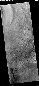 Twisted bands on the floor of Hellas Planitia, as seen by HiRISE under HiWish program. These twisted bands are also called "taffy pull" terrain.