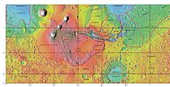 MOLA map showing boundaries for Lunae Planum and other regions. Colors indicate elevations.