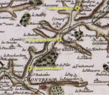 Extrait d'une carte ancienne en couleurs sur laquelle sont reportés des éléments remarquables du patrimoine.