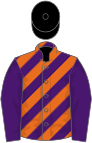 Orange and purple diagonal stripes, purple sleeves, orange armlets, black cap