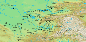 Güney Orta Asya'nın (Horasan ve Mâverâünnehir) başlıca yerleşim yerleri ve bölgeleri içeren jeofizik haritası