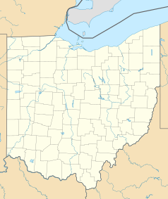 Mapa konturowa Ohio, u góry po prawej znajduje się punkt z opisem „Maple Heights”