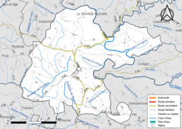 Carte en couleur présentant le réseau hydrographique de la commune