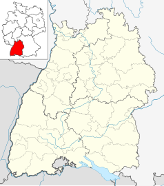 Mapa konturowa Badenii-Wirtembergii, blisko centrum na lewo u góry znajduje się punkt z opisem „Karlsruhe”