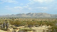 Southward view of Joshua Tree Town Center in front of the mountains of Joshua Tree National Park