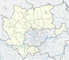 Mapa konturowa powiatu krakowskiego, po lewej nieco na dole znajduje się punkt z opisem „Kajasówka”