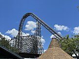 Lift hill and barrel roll downdrop of Iron Gwazi