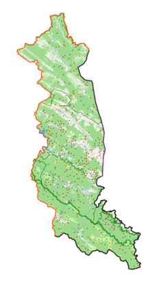 Mapa konturowa powiatu bieszczadzkiego, na dole nieco na prawo znajduje się punkt z opisem „Łokieć”