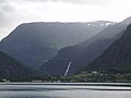 View of the village with waterfall behind