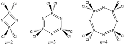 The three major cyclophosphazene products resulting from the reaction of phosphorus pentachloride and ammonium chloride