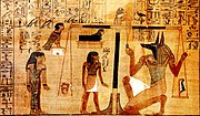 The Papyrus of Ani is a version of the Book of the Dead for the Scribe Ani. This vignette (the small scene that illustrates the text) is about not letting Ani's heart create opposition against him in God's domain.[3]