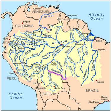 Mapa de la conca del riu Amazones amb el riu Guaporé ressaltat