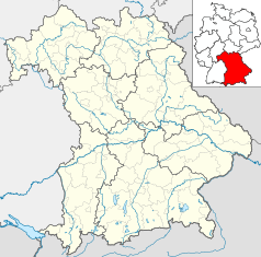 Mapa konturowa Bawarii, u góry po lewej znajduje się punkt z opisem „Schweinfurt Hauptbahnhof”