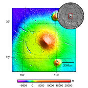 Elysium Mons, as seen with MOLA. Elevations shown by different colors.