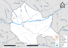 Carte en couleur présentant le réseau hydrographique de la commune