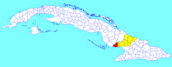 Amancio municipality (red) within Las Tunas Province (yellow) and Cuba