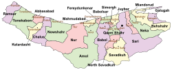 Location of Simorgh County in Mazandaran province (center right, pink)